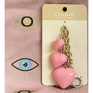 Puffy Triple Heart Pendant Keychain Bag Charm Pink Gold Lobster Closure Gift